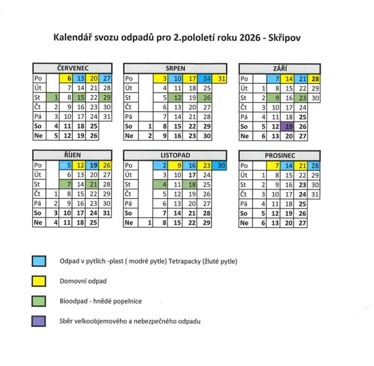 Kalendář odpadů 2.pololetí 2026 - pro Skřipov